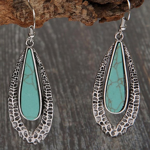 Sky Blue Bohemian Geometric Oval Earrings - Picture 2 of 5
